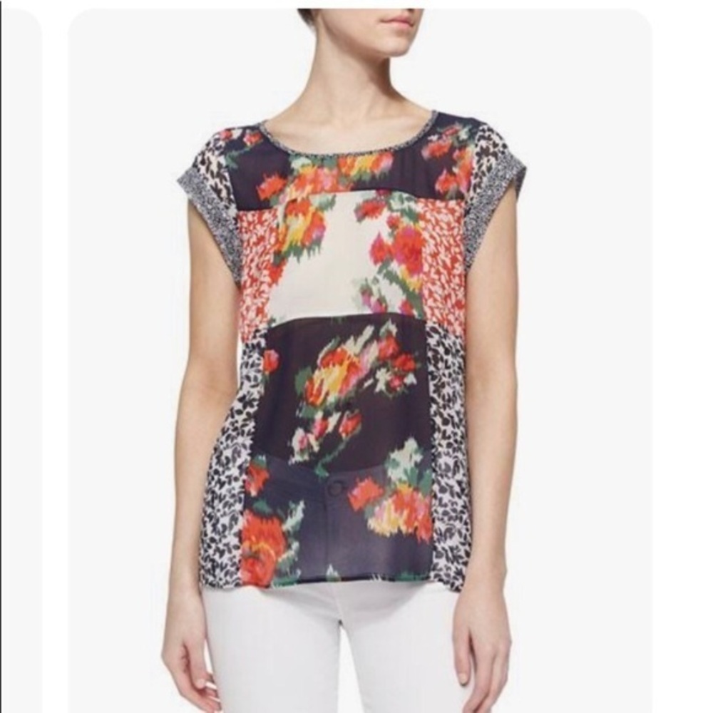 Joie boho Floral-Printed patch work Crepe blouse, size Medium